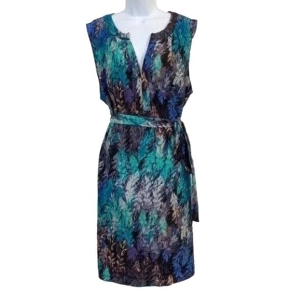 Fynn and Rose Women Multicolor Shift Dress Abstract Leaf Design Belted Sz 2X - Picture 1 of 9